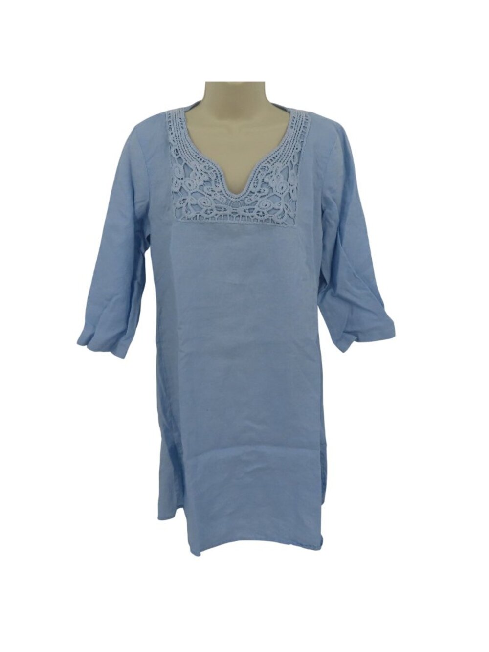 MALVIN Womens Large Linen Blue Crochet Collar Tunic Shirt Dress Long Sleeve